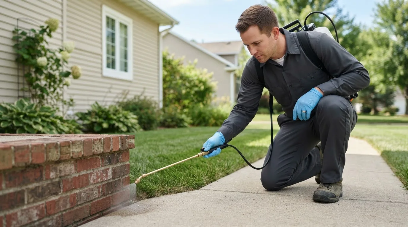 Pest control technician treating a home near Donnybrook, ND